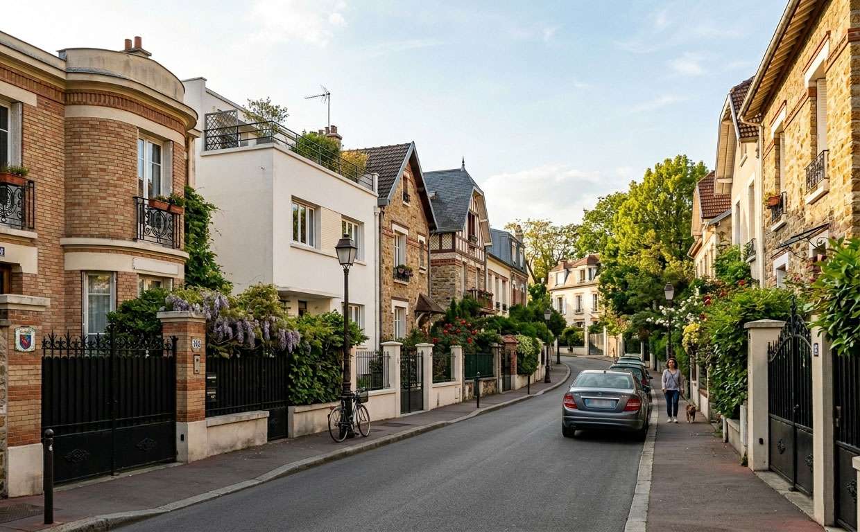 Vue d'une rue résidentielle tranquille en Ile-de-France