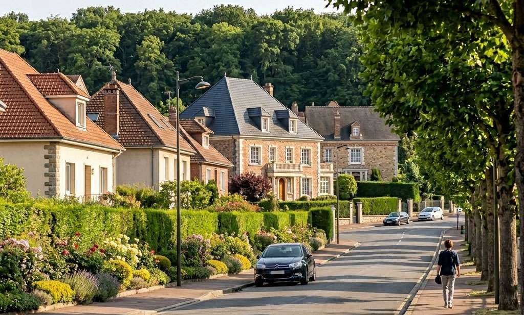 Vue d'une rue d'une petite ville d'Ile-de-France
