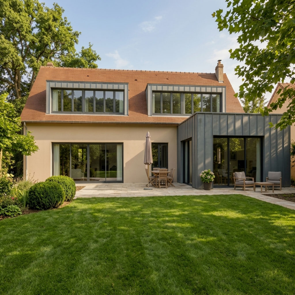 Construction d'une extension de maison maçonnée avec toit plat et lucarnes rampantes à Chevreuse