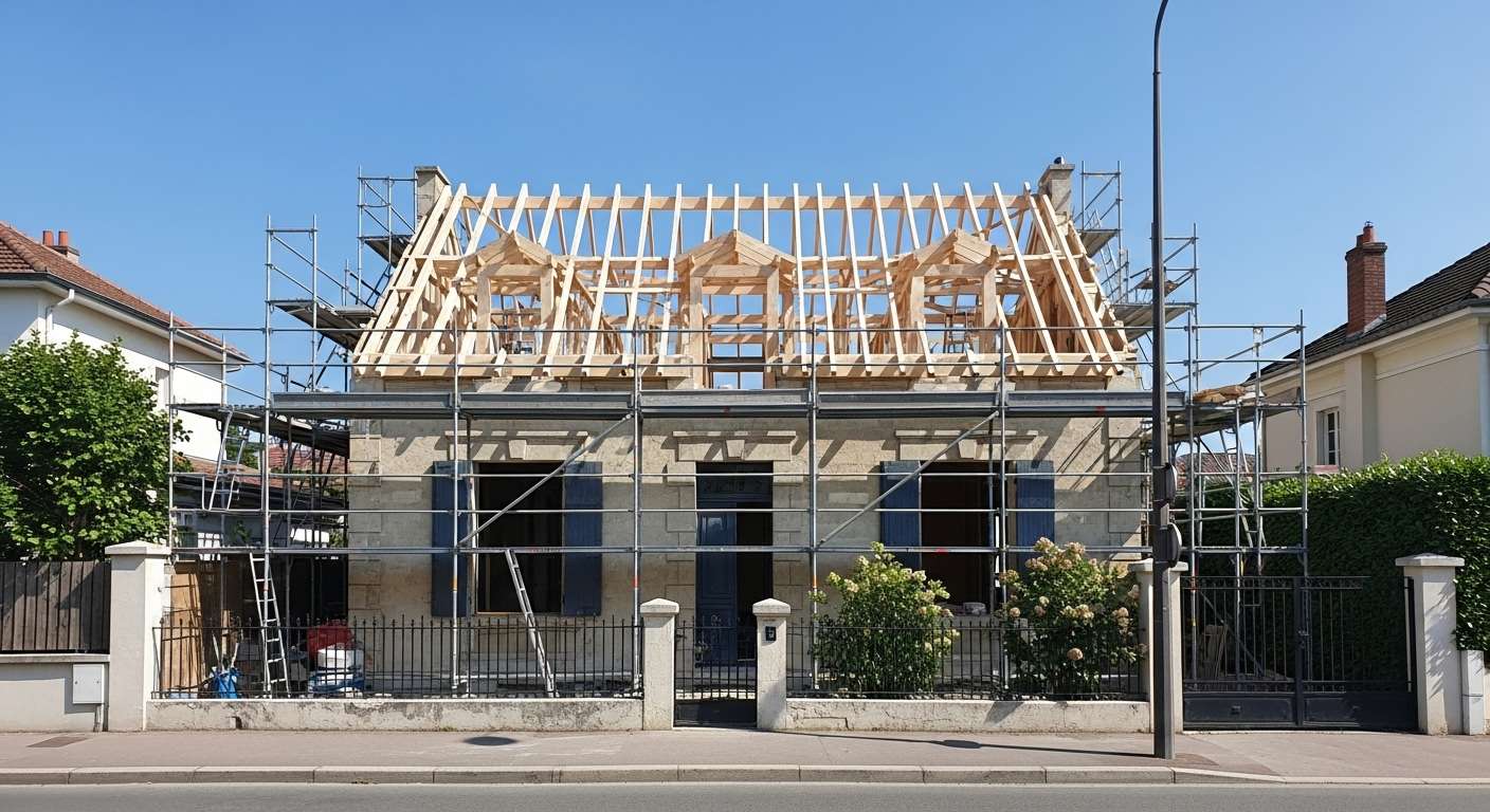 Pose de charpente en cour sur un chantier de surélévation de maison Marly-le-Roi