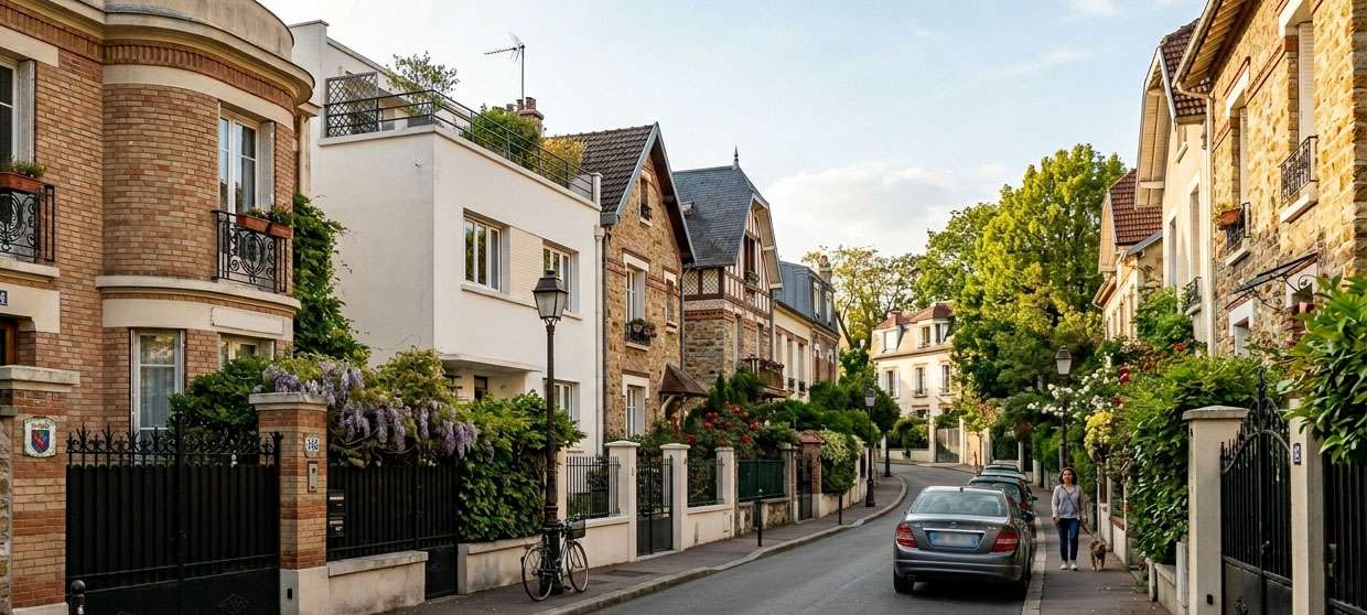 Vue d'une rue résidentielle tranquille en Ile-de-France