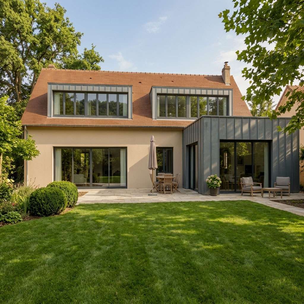 Construction d'une extension de maison maçonnée avec toit plat et lucarnes rampantes à Chevreuse