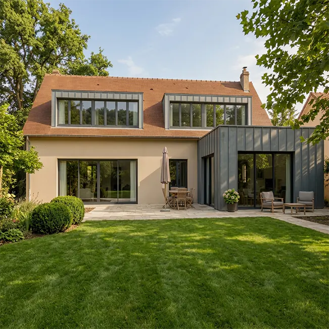 Construction d'une extension de maison maçonnée avec toit plat et lucarnes rampantes à Chevreuse